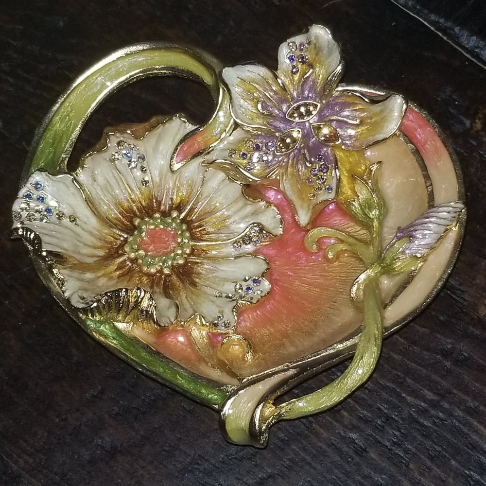 RARE JAY STRONGWATER LILY FLORAL LEAF ENAMEL CRYSTAL JEWELRY DISH TRINKET TRAY
